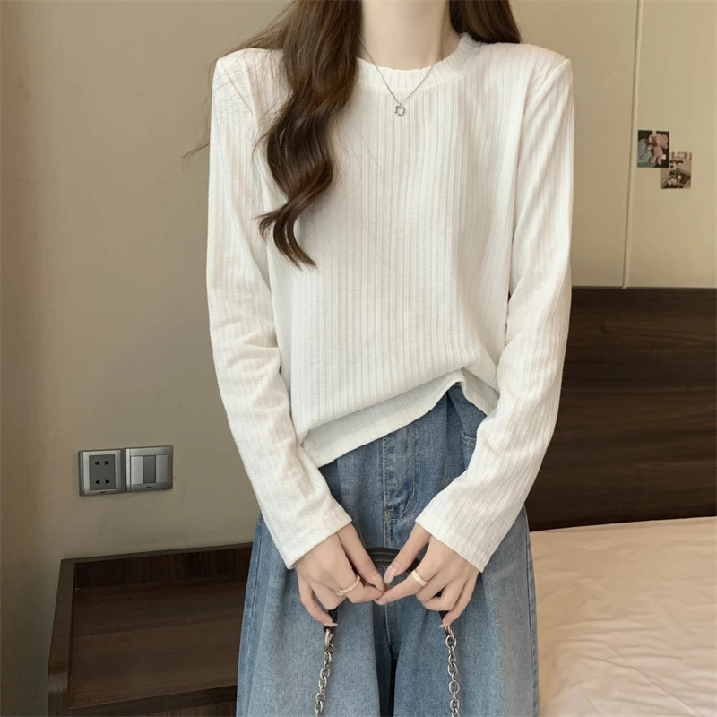 休闲百搭正肩长袖T恤女秋季大码胖mm显瘦遮肚藏肉打底衫坑条上衣