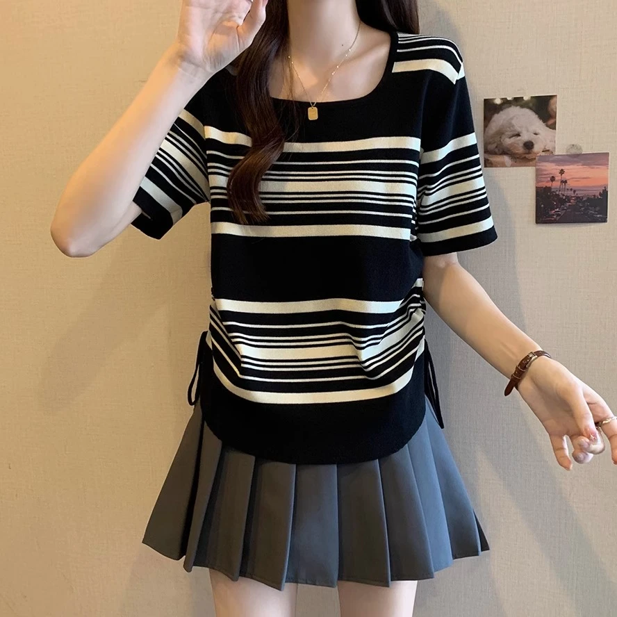 大码女装胖mm2024夏季新款冰丝条纹甜辣方领显瘦短袖T恤欧货上衣