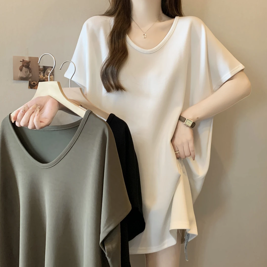 大码微胖白色短袖T恤女夏季2025新款胖MM宽松显瘦体恤V领上衣藏肉