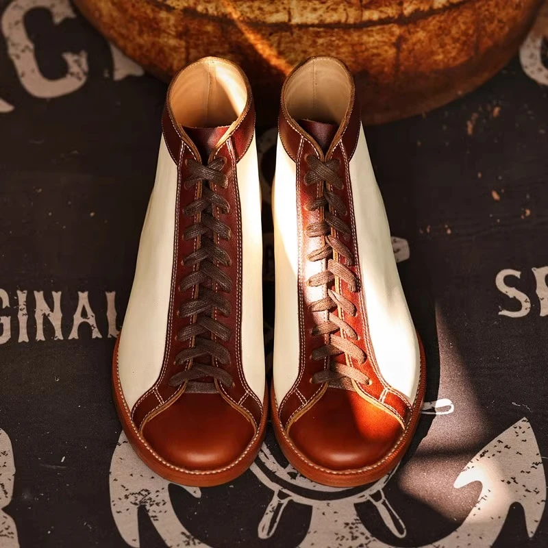 穆堡里西英伦风靴子复古棕白时尚马丁靴男款纯手工固特异潮流皮鞋