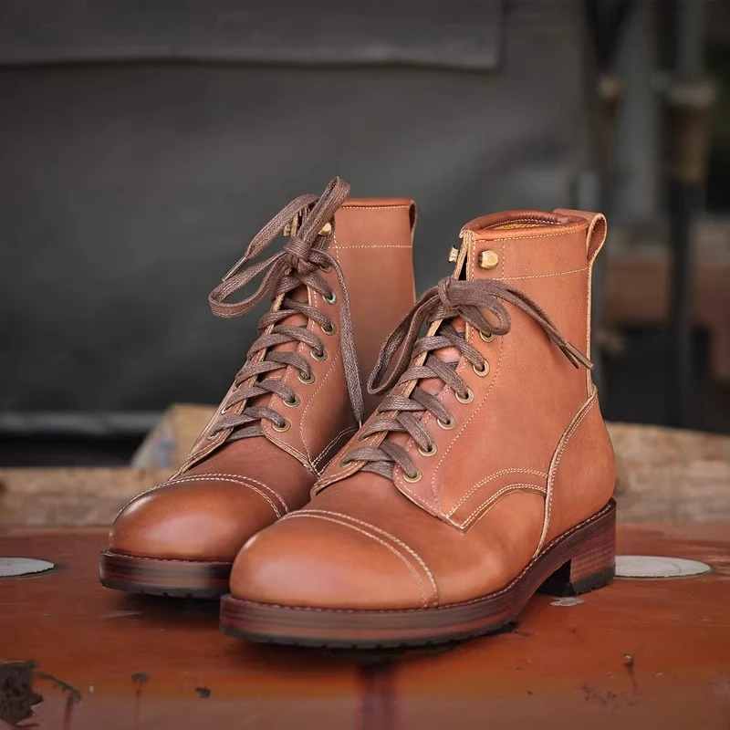 穆堡里西固特异纯手工时尚棕色马丁靴男款意大利做旧男士工装短靴