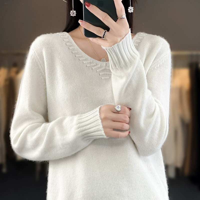 6320#V领针织衫女士秋冬季毛衣宽松套头长袖针纯色织打底衫