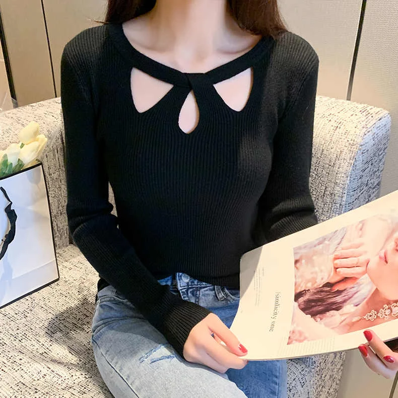 5558#秋冬修身长袖针织衫镂空纯色百搭套头内搭显瘦打底衫毛衣女