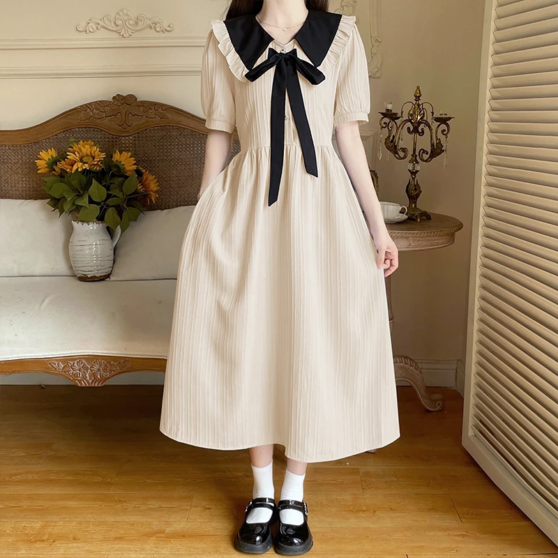 711#实拍小清新学院风花边娃娃领蝴蝶结泡泡袖收腰系带连衣裙