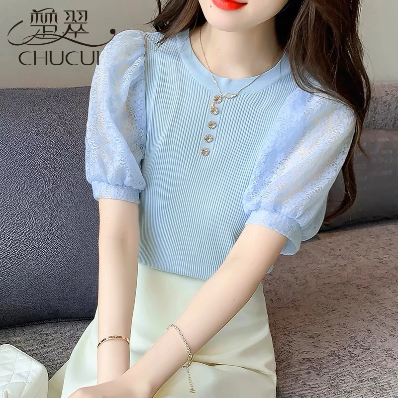 7110灯笼袖蕾丝上衣拼接短袖针织衫女士T恤2024新款夏季别致小衫