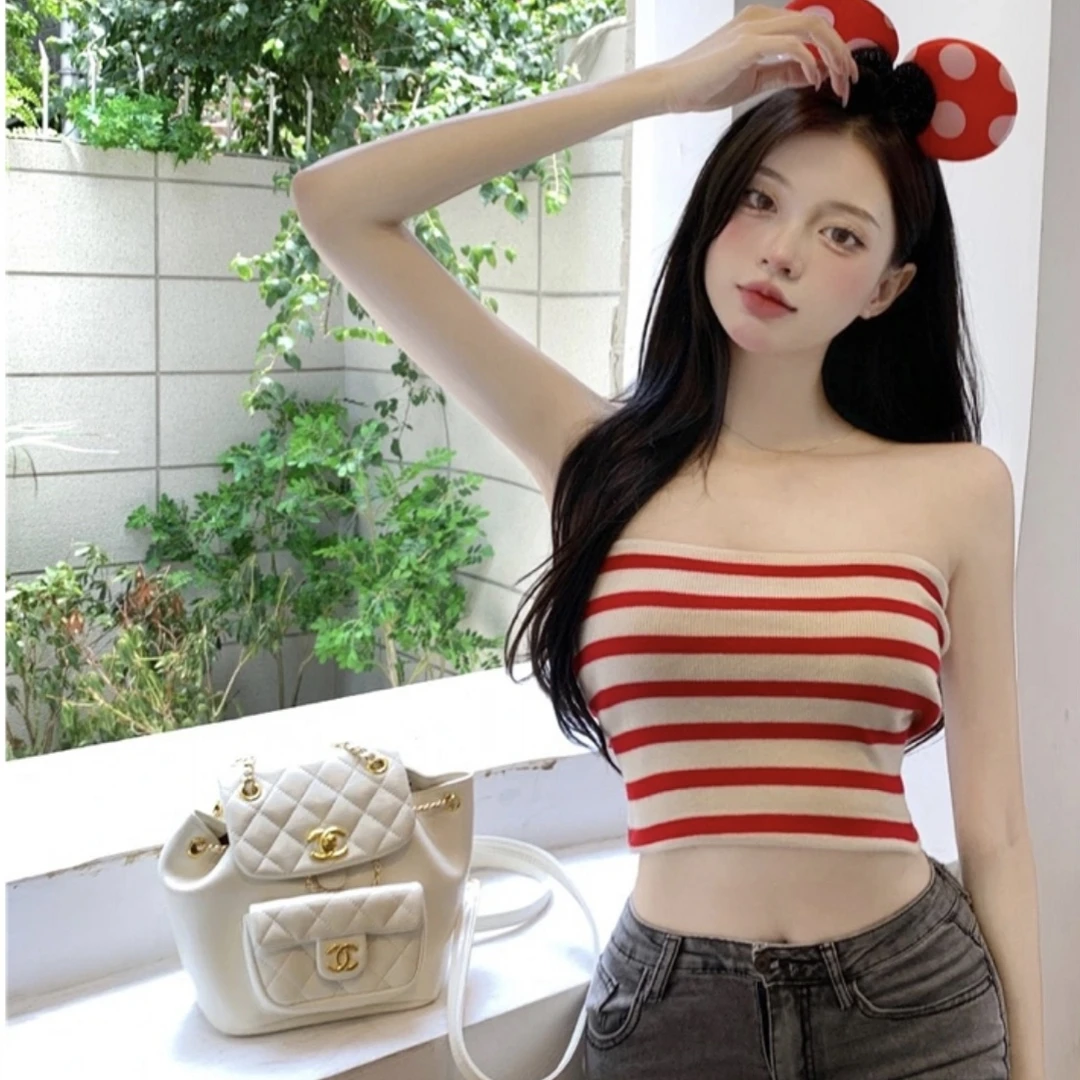 鲸禧严选鹭青一小蛮腰针织抹胸女夏季条纹性感外穿背心无肩带上衣