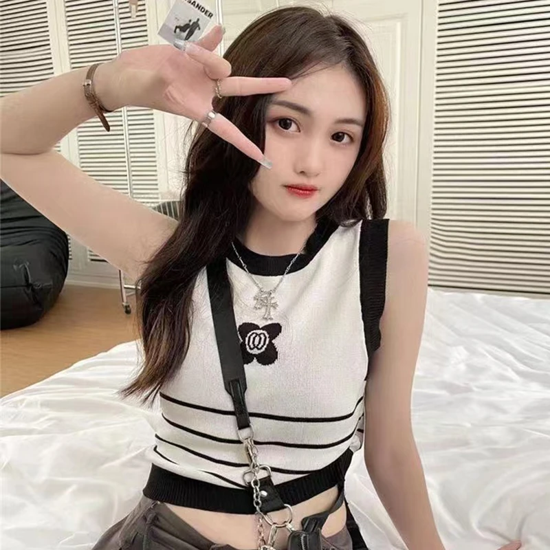 7179新款山茶花小香风内搭针织冰丝吊带背心女条纹短款上衣夏薄款