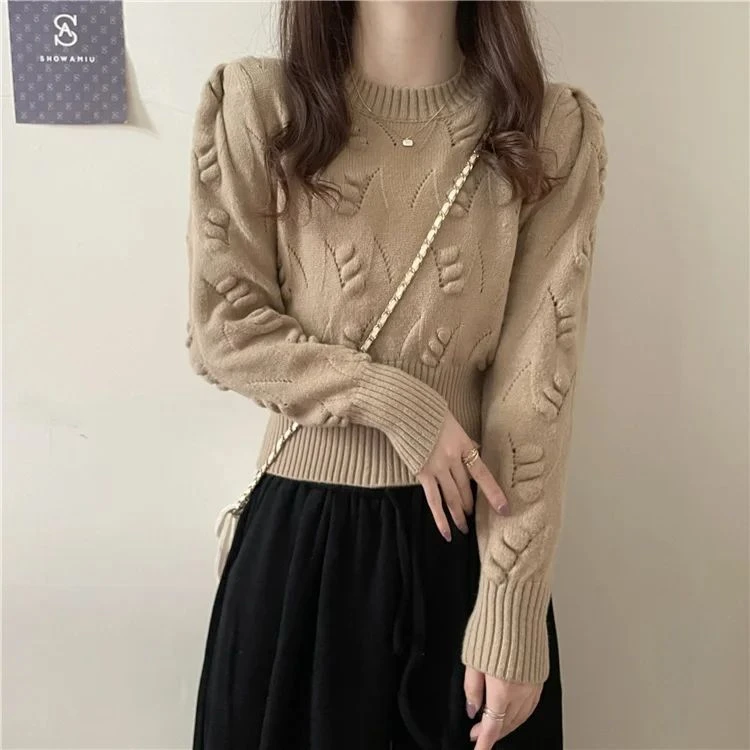 5583#秋冬新款镂空针织衫时尚设计感收腰毛衣女修身束腰甜美上衣