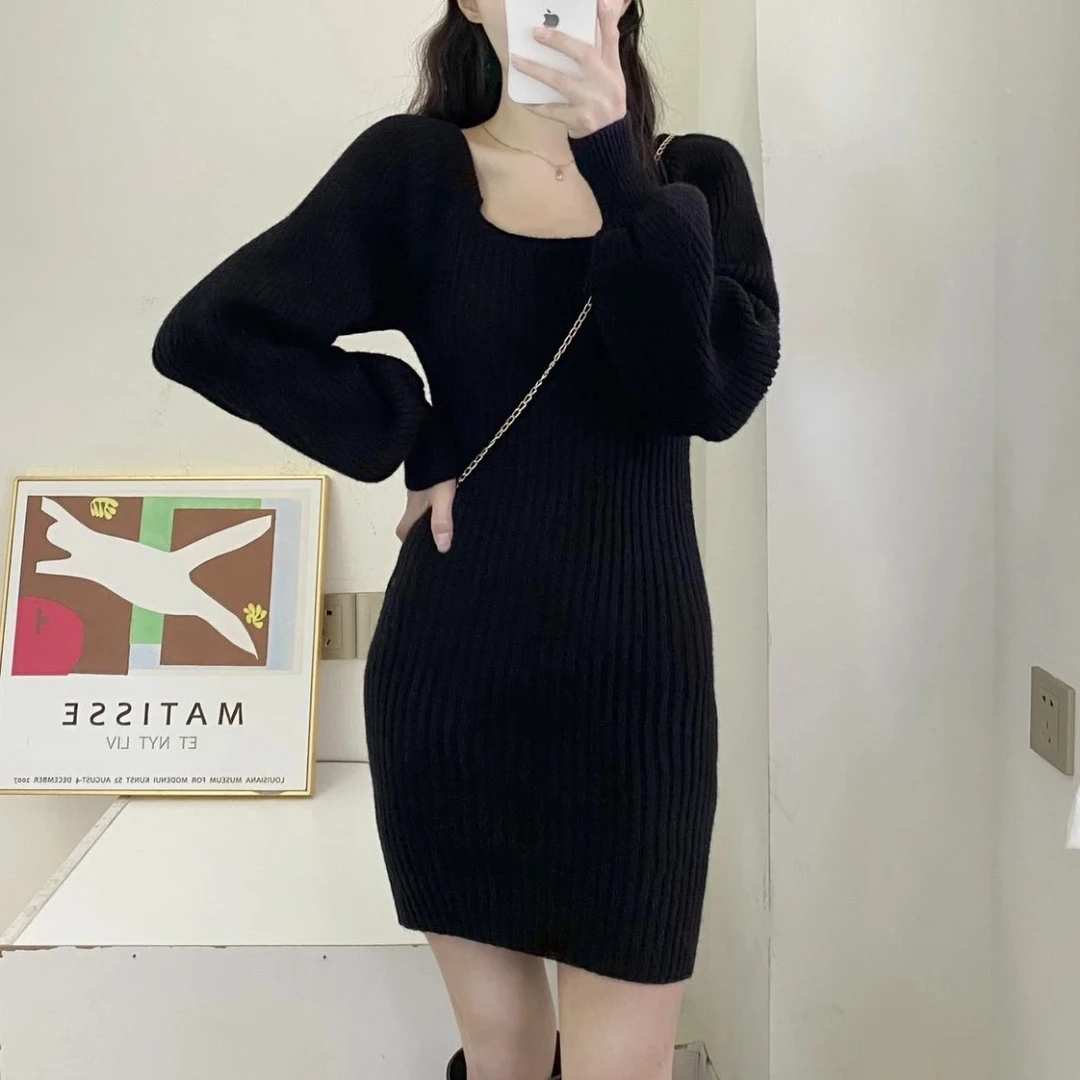 韩版时尚百搭秋冬复古V领修身打底连衣裙女内搭毛衣显瘦包臀裙