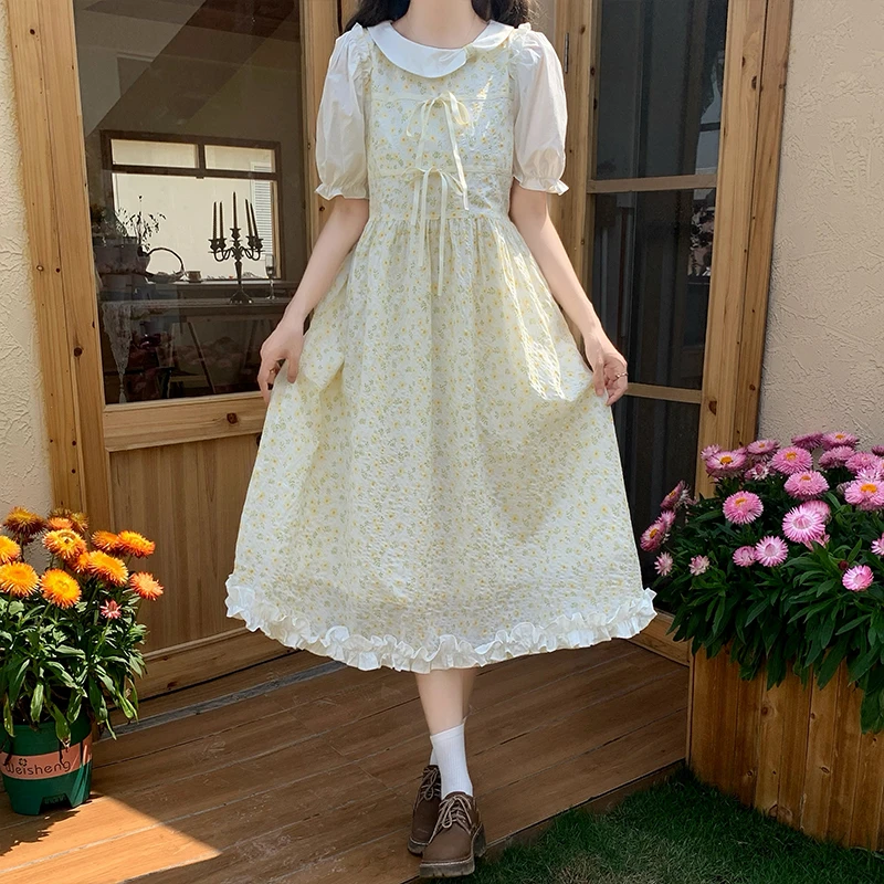 690#实拍夏季新款甜美不规则娃娃领碎花中长款假两件气质连衣裙