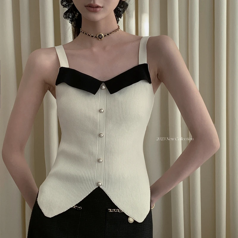 5983#方领针织吊带小背心女法式短款无袖上衣服高级感漂亮小衫