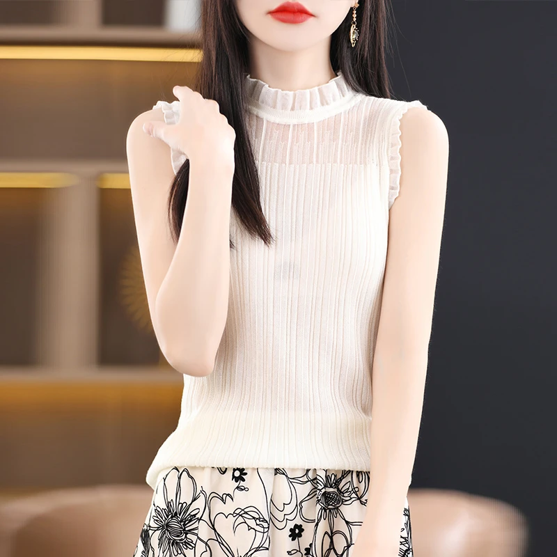 5978#2023新款木耳边无袖背心女春夏蕾丝领花边内搭针织打底衫