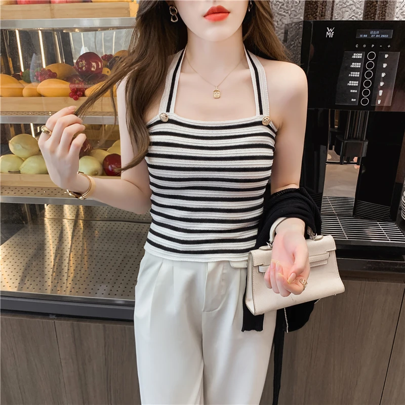 5822#夏季新款2023韩版时髦辣妹条纹修身显瘦内搭外穿挂脖背心女