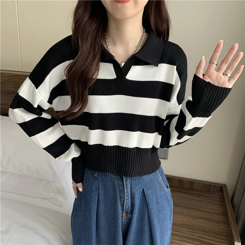 针织针织衫美式显瘦条纹针织衫撞色上衣女装毛针织衫