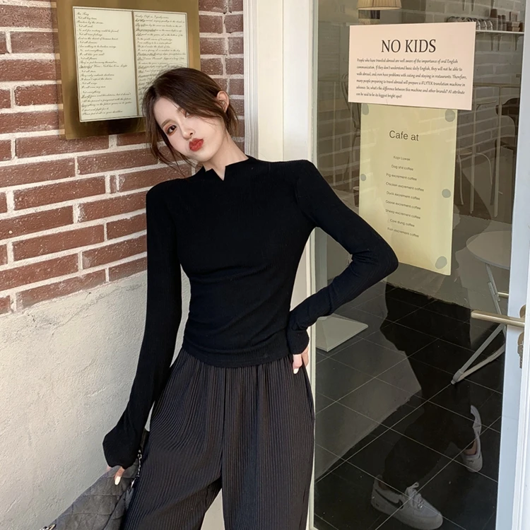 6295#针织半高领打底衫内搭洋气设计感小众t恤别致独特秋冬上衣