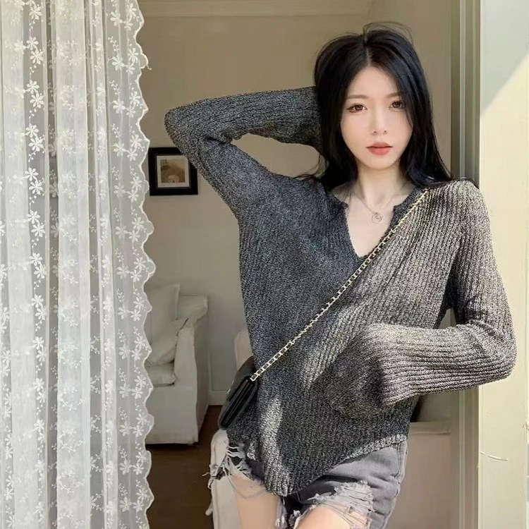 6173#小众V领开衫女打底衫春秋季修身宽松内搭针织衫设计感上衣
