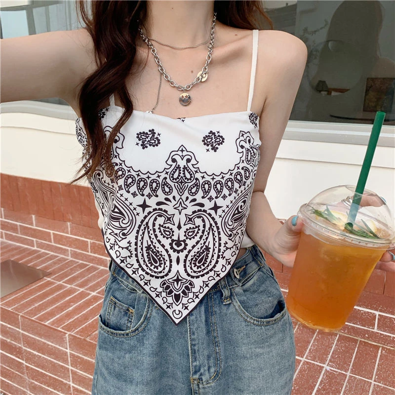 3634#复古印花拼接短款小背心女2024新款修身显瘦露脐针织吊带衫