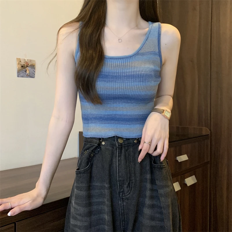 条纹针织外穿吊带背心女新款夏季显瘦内搭ins打底衫短款无袖上衣