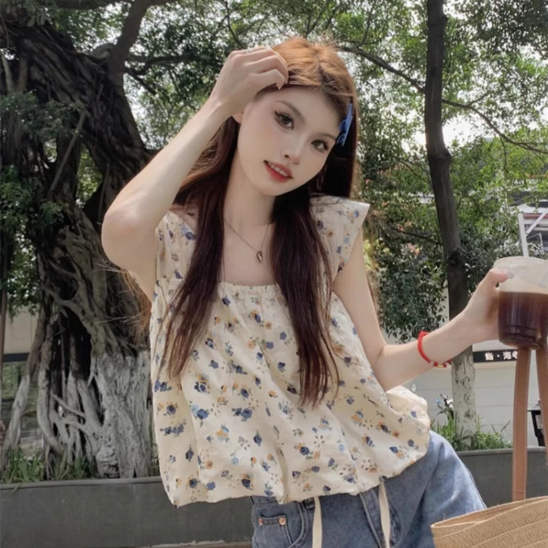性感风修身型背心甜美复古短款设计感碎花方领夏季露肩小清新