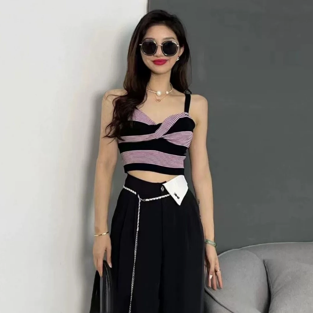 甜辣风美背修身条纹撞色针织挂脖吊带打底背心2025无袖上衣女