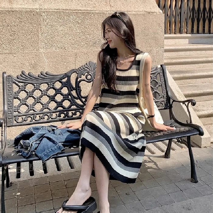 5979#条纹针织背心连衣裙女装夏韩版2023新款中长款撞色无袖裙子