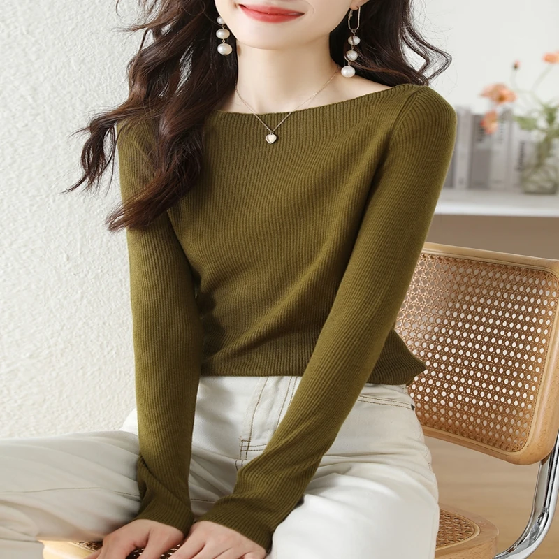 6337#一字领长袖t恤女装秋季新款时尚内搭上衣洋气小衫针织打底衫