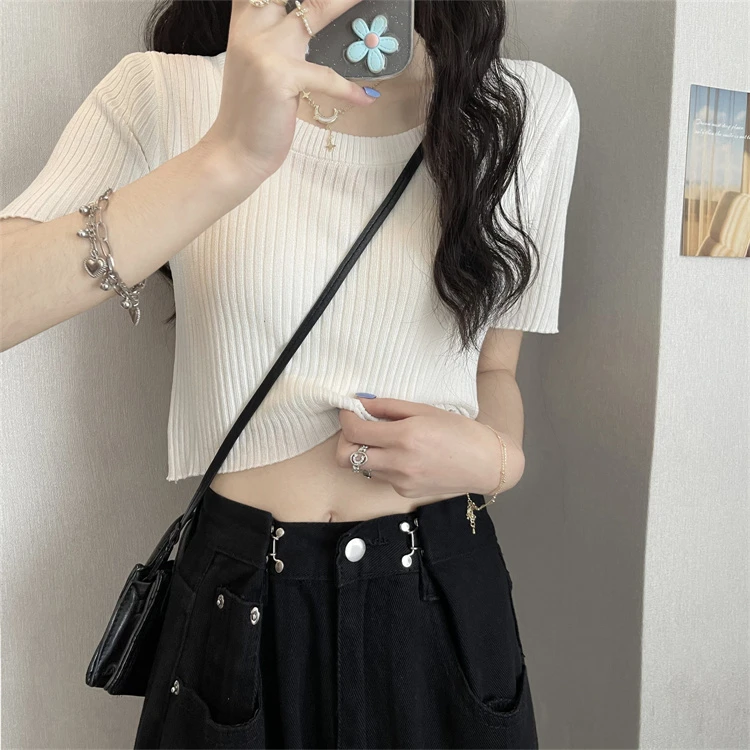 5925#薄款针织短袖t恤女2023年夏季新款性感时尚洋气高腰露脐上衣