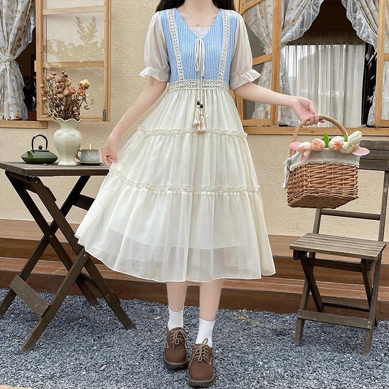 706#实拍夏季新款甜美学院风仿牛仔条纹拼接假两件短袖连衣裙