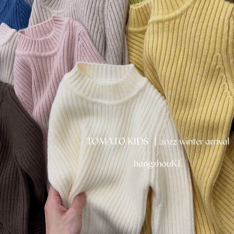 儿童毛衣23冬装男女童百搭半高领软糯针织打底衫洋气坑条保暖D69