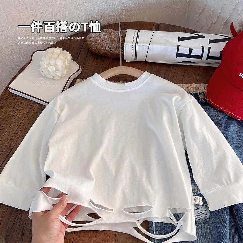 长袖T恤潮韩版童装2023年春装女童男童宝宝个性破洞t白色上衣Z20