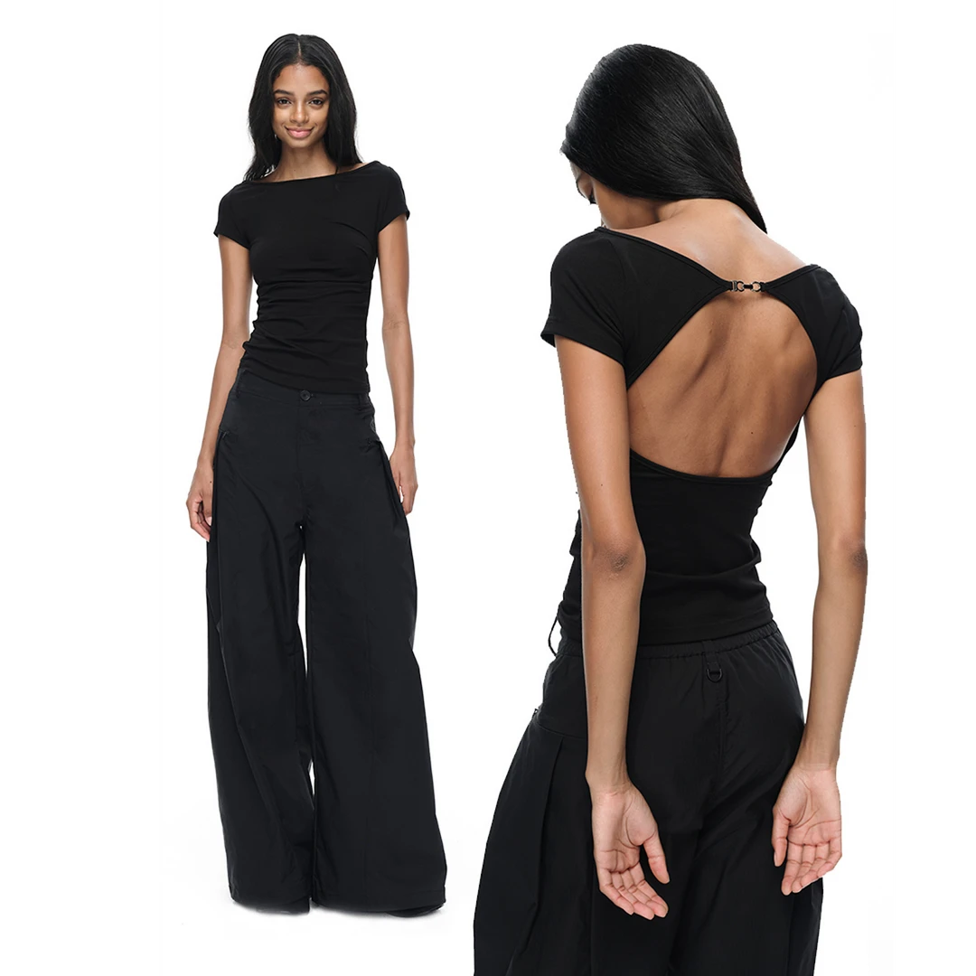 empty page黑/白一字肩露背T恤褶皱收腰修身显瘦短袖