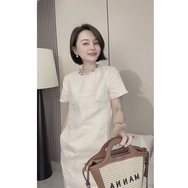 大掌柜推荐《金丝亚麻》夏季高级感彩色钉珠亚麻气质连衣裙3