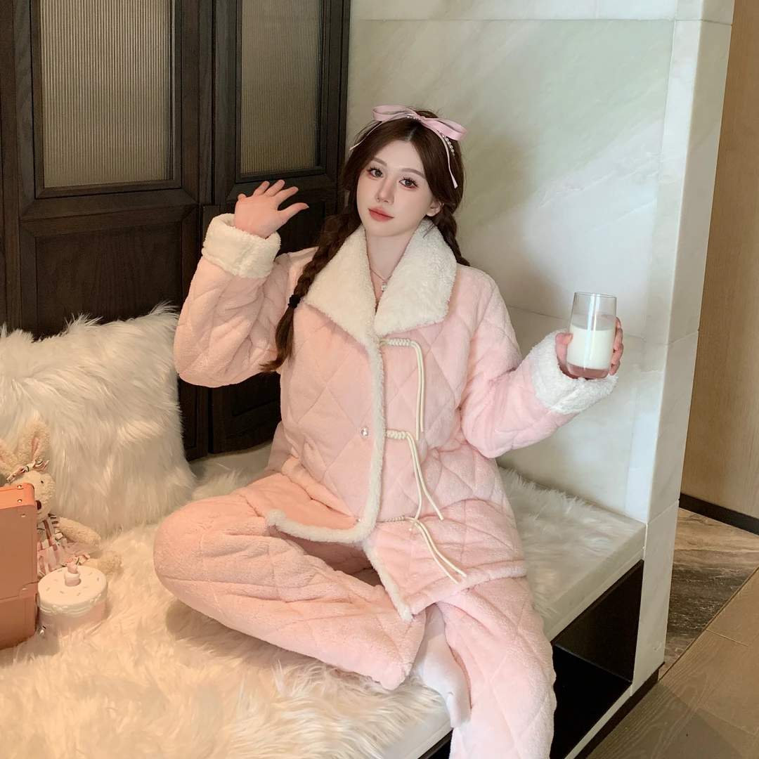 【玉珠帘】夹棉厚绒冬款家居服显白可外穿睡衣套装女保暖