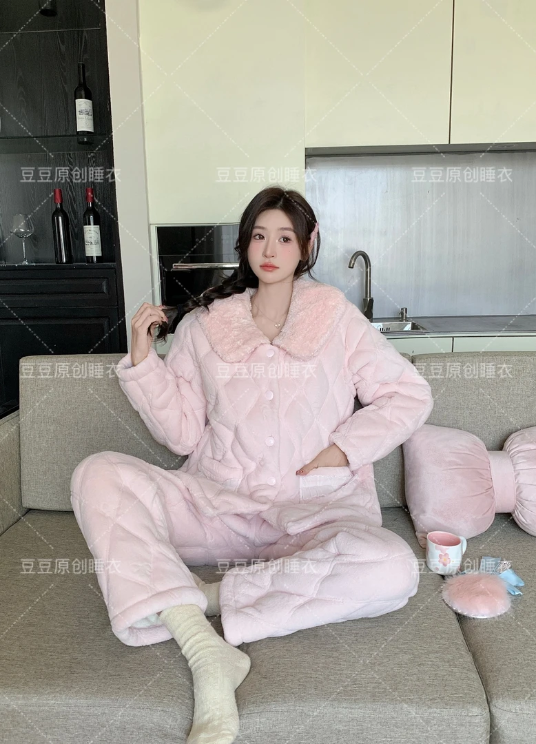 1【暖风信】夹棉厚绒冬款家居服显白可外穿睡衣套装女保暖