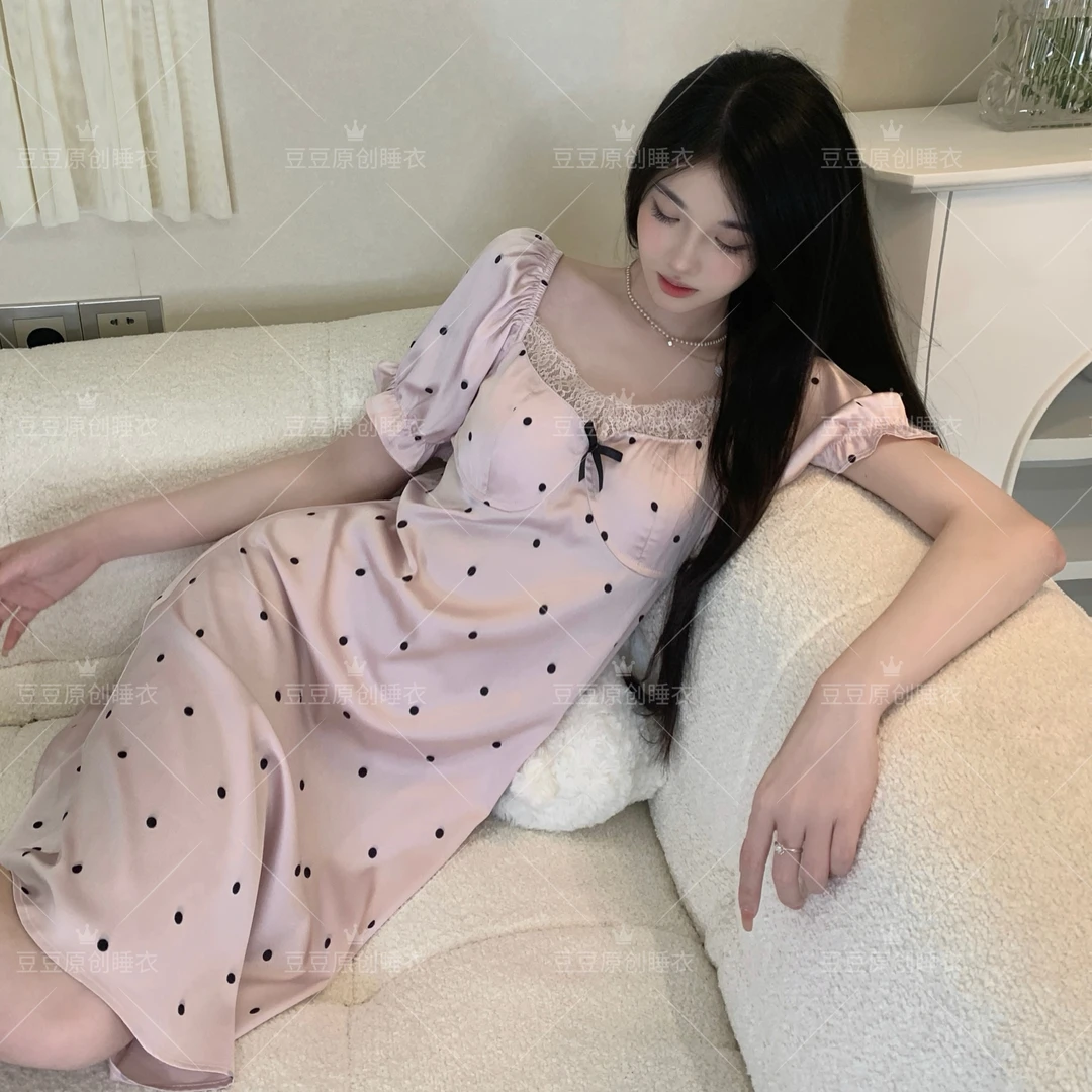 【蜜糖少女】月光丝带胸垫短袖睡裙显瘦夏季显白睡衣女春夏薄款气质