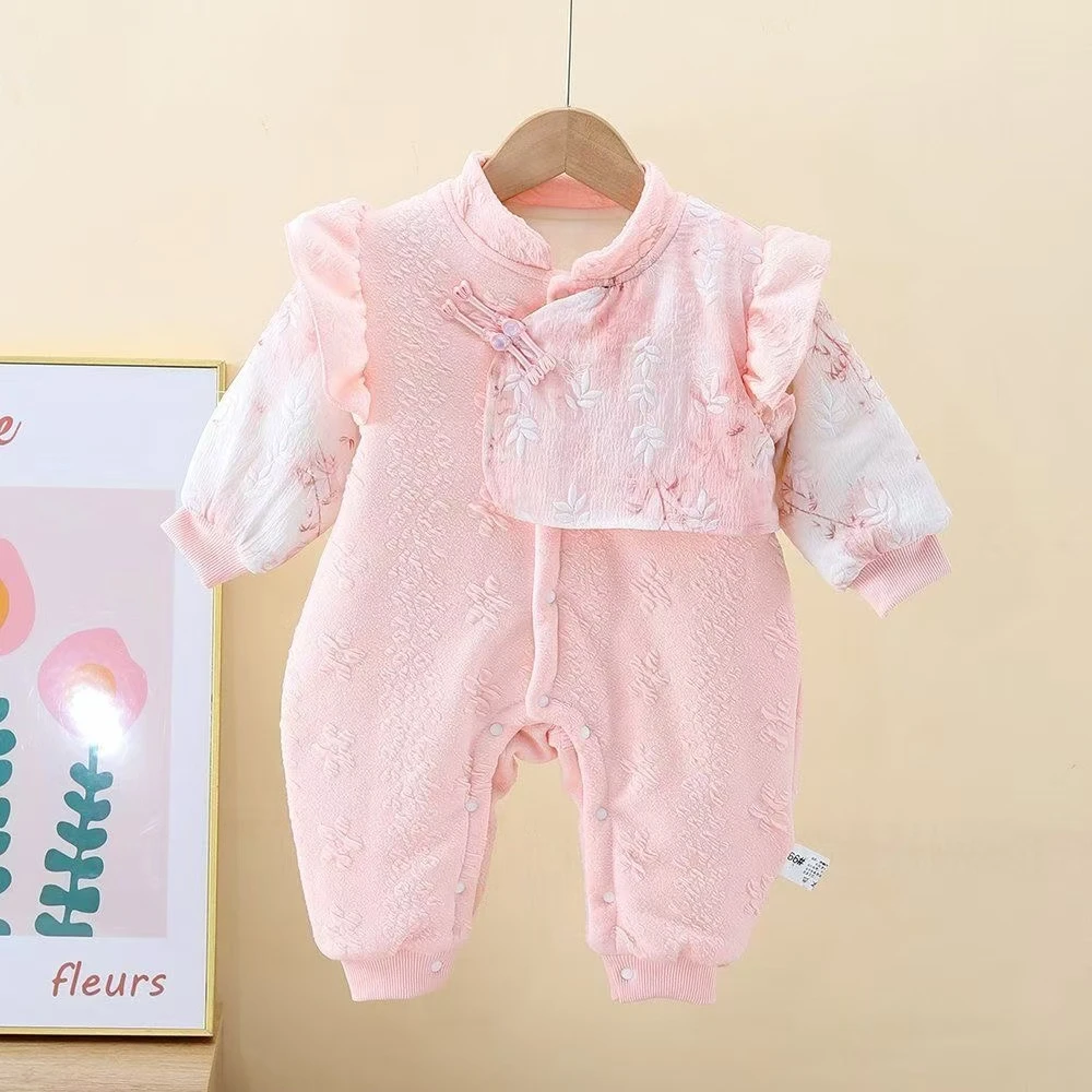 婴幼儿婴儿冬季加薄棉连体长袖新中式女宝长爬保暖国风棉服外出服