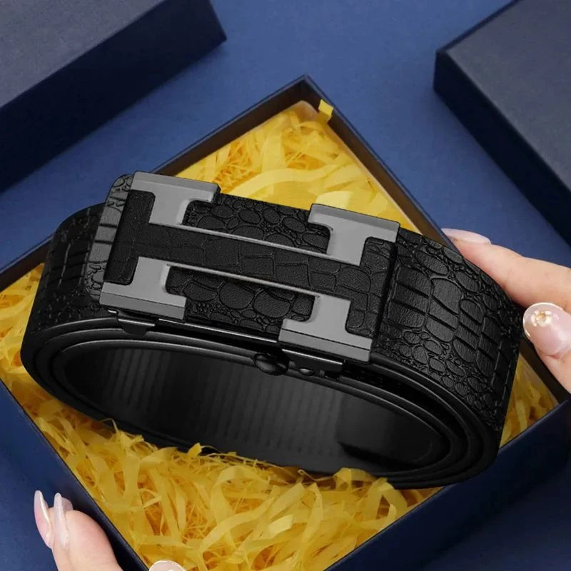 新款高档男士皮带商务格子纹自动扣西裤腰带中年时尚百搭经典潮流