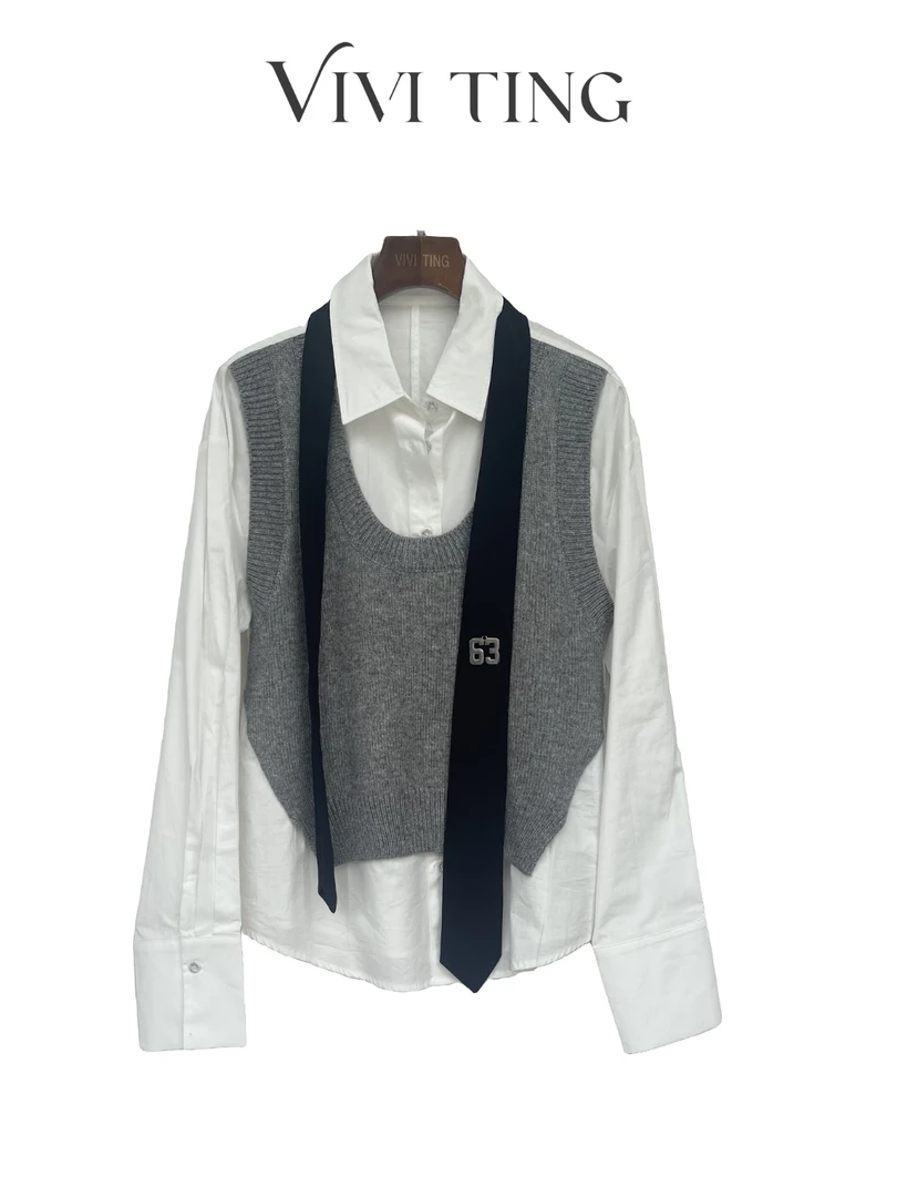 【VIVI·TING】婷姐推荐假两件学院风衬衫拼马甲领带设计感s335