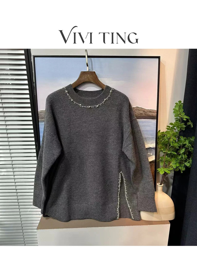 【VIVI·TING】婷姐推荐秋冬时尚法式新款钉珠领下开叉设计长袖毛衣