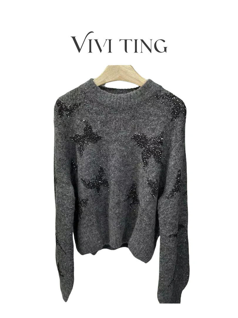 【VIVI·TING】婷姐推荐秋季新款法式浪漫灰色蝴蝶亮片长袖毛衣F265