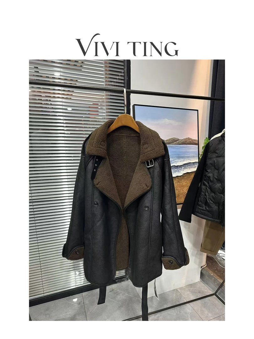 【VIVI·TING】婷姐推荐秋冬时尚翻领袖翻边腰绑带中长款毛毛外套