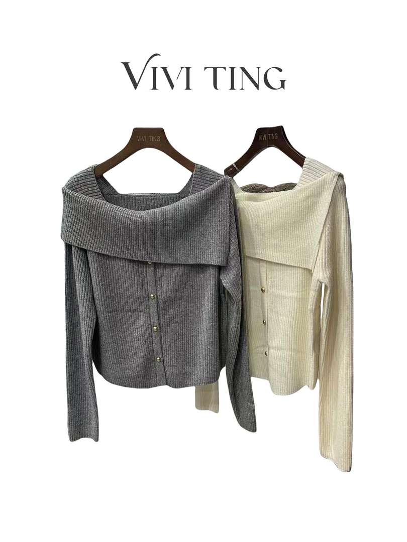 【VIVI·TING】婷姐推荐秋冬季时尚设计感斜肩领纯色单排扣针织上衣