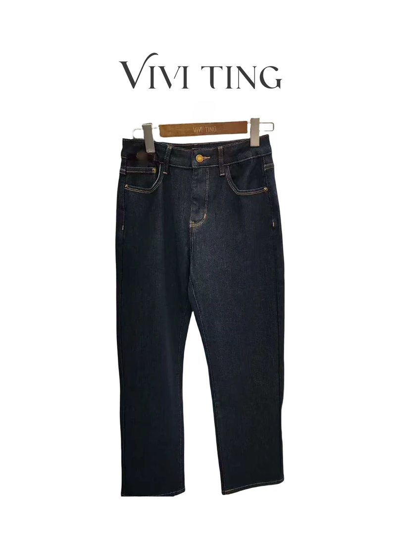 【VIVI·TING】婷姐推荐秋冬季复古b字母后豹纹小标普洗蓝牛仔裤F362