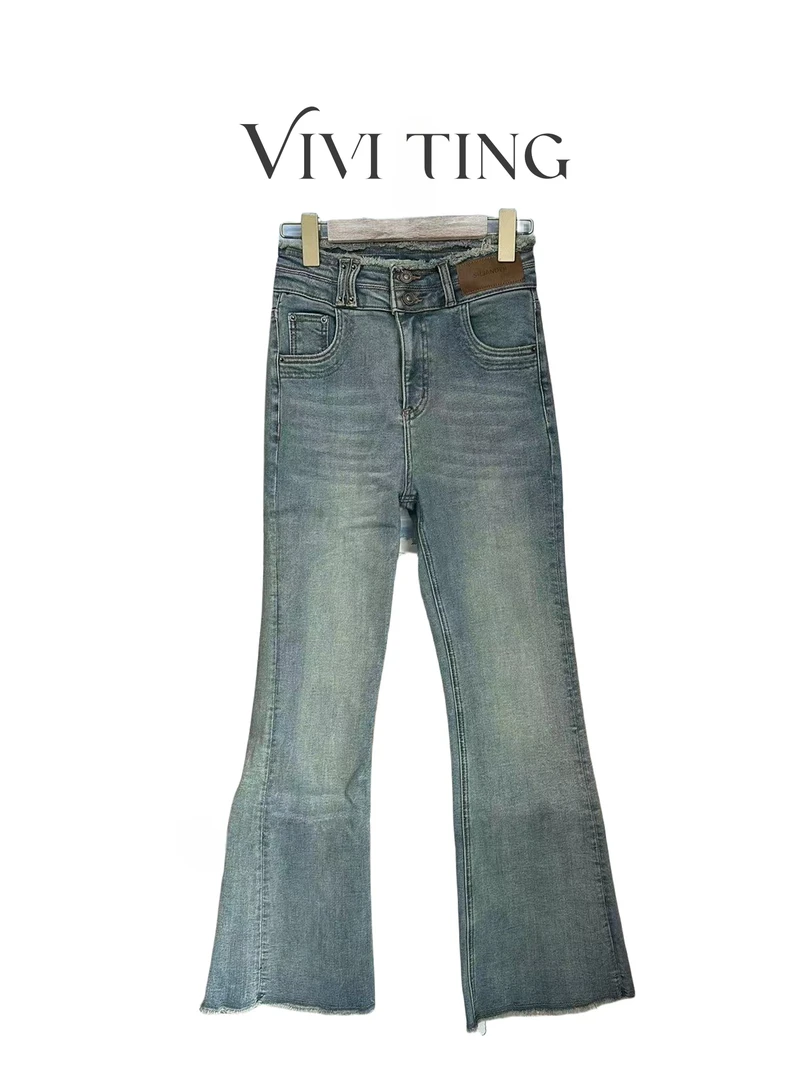 【VIVI·TING】婷姐推荐秋冬季小众款两粒扣腰磨毛边喇叭牛仔裤F533