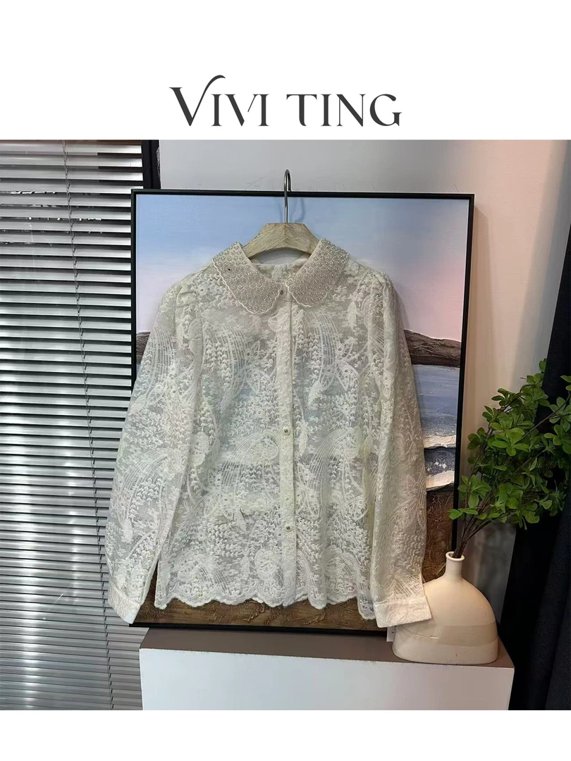 【VIVI·TING】婷姐推荐法式钉珠领镂空蕾丝钩花单排金扣开衫s250