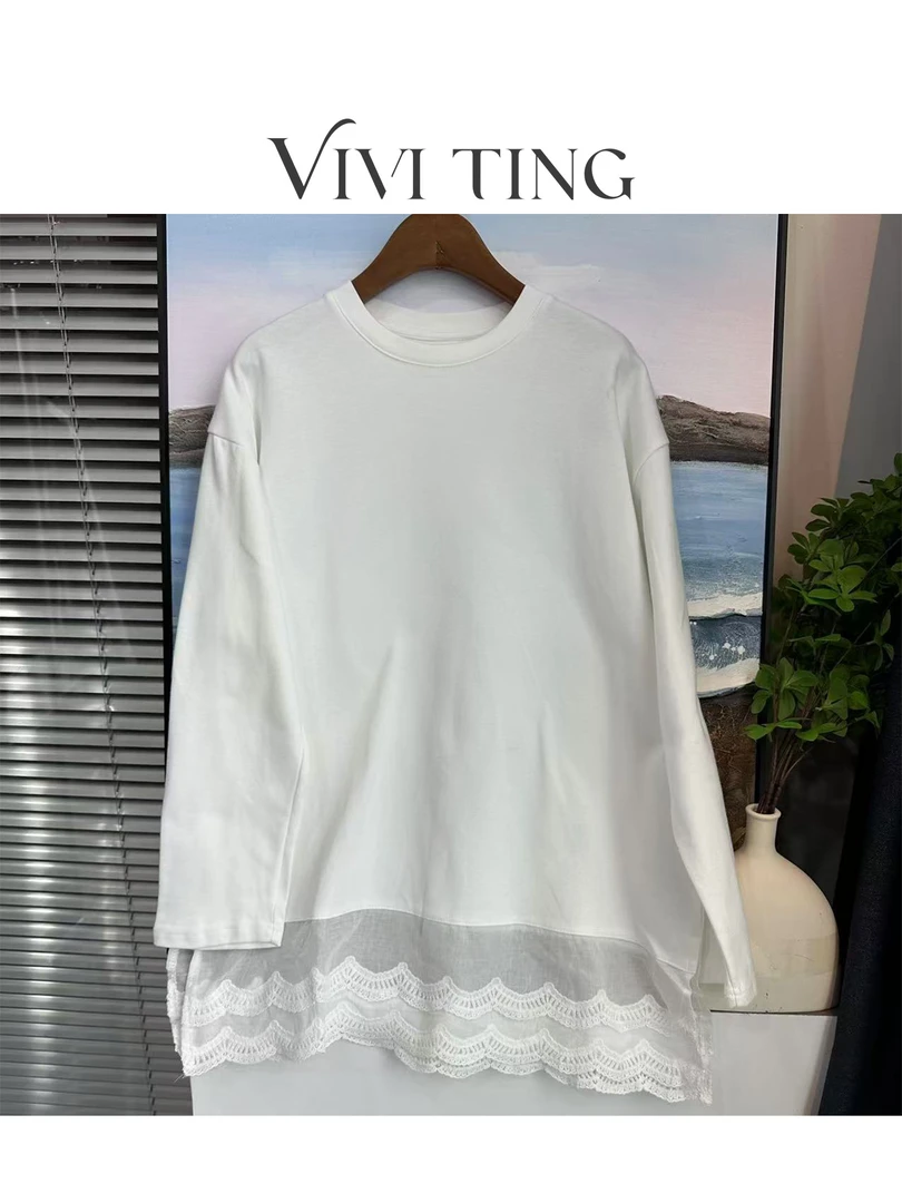 【VIVI·TING】婷姐推荐休闲百搭纯色新款下开叉蕾丝拼接T恤s236