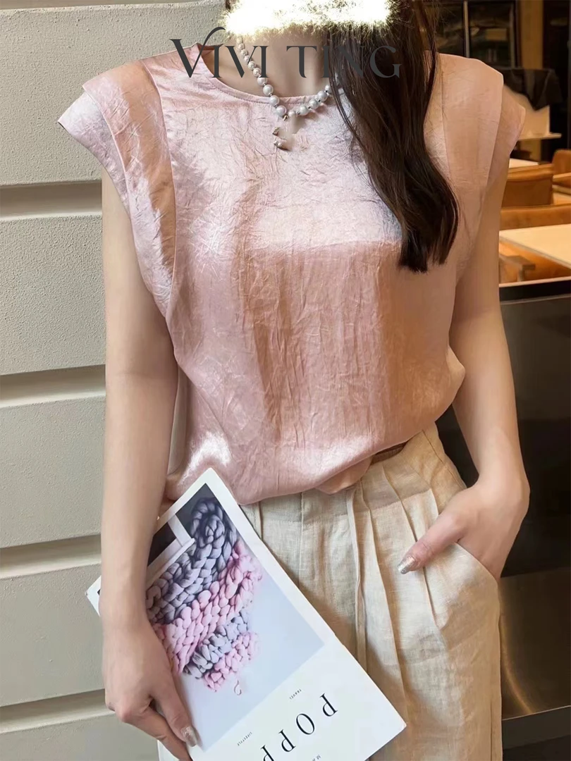 【VIVI·TING】婷姐推荐宽松简约风百搭纯色双层醋酸无袖上衣s509