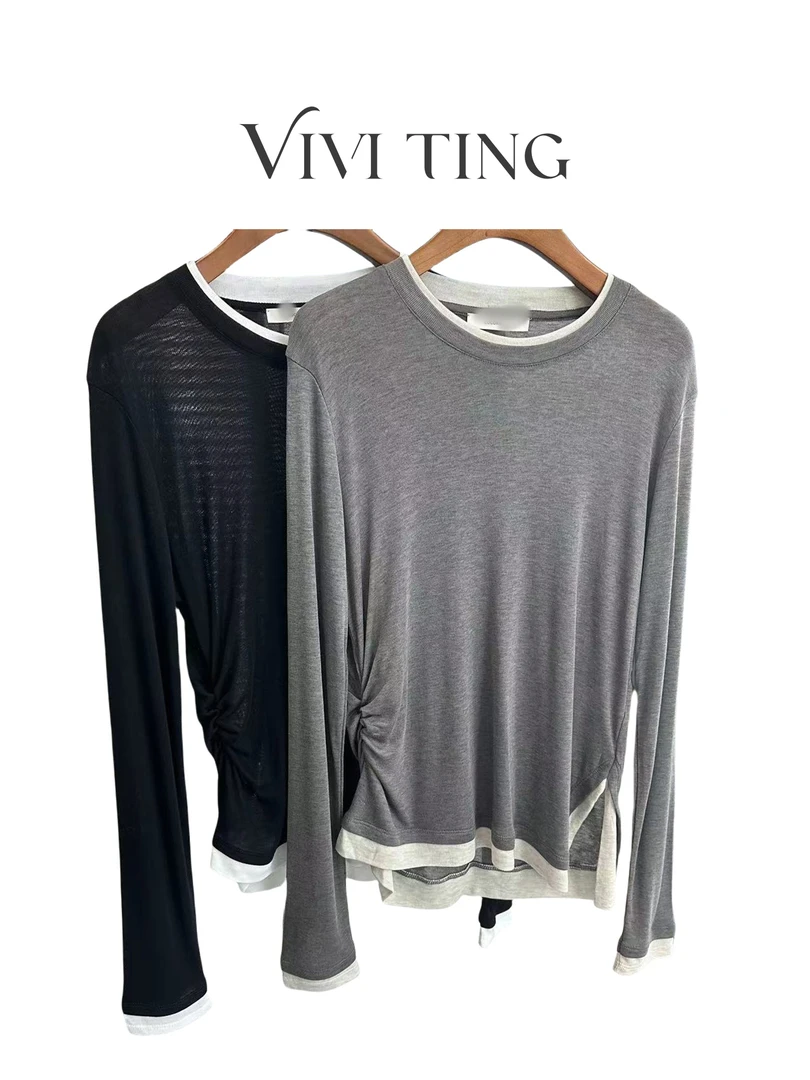 【VIVI·TING】婷姐推荐季拼色腰褶皱软糯亲肤莱赛尔圆领假两件s312