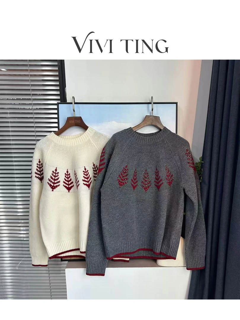 【VIVI·TING】婷姐推荐秋冬圣诞树彩色钉珠烫钻刺绣连肩袖毛衣F631