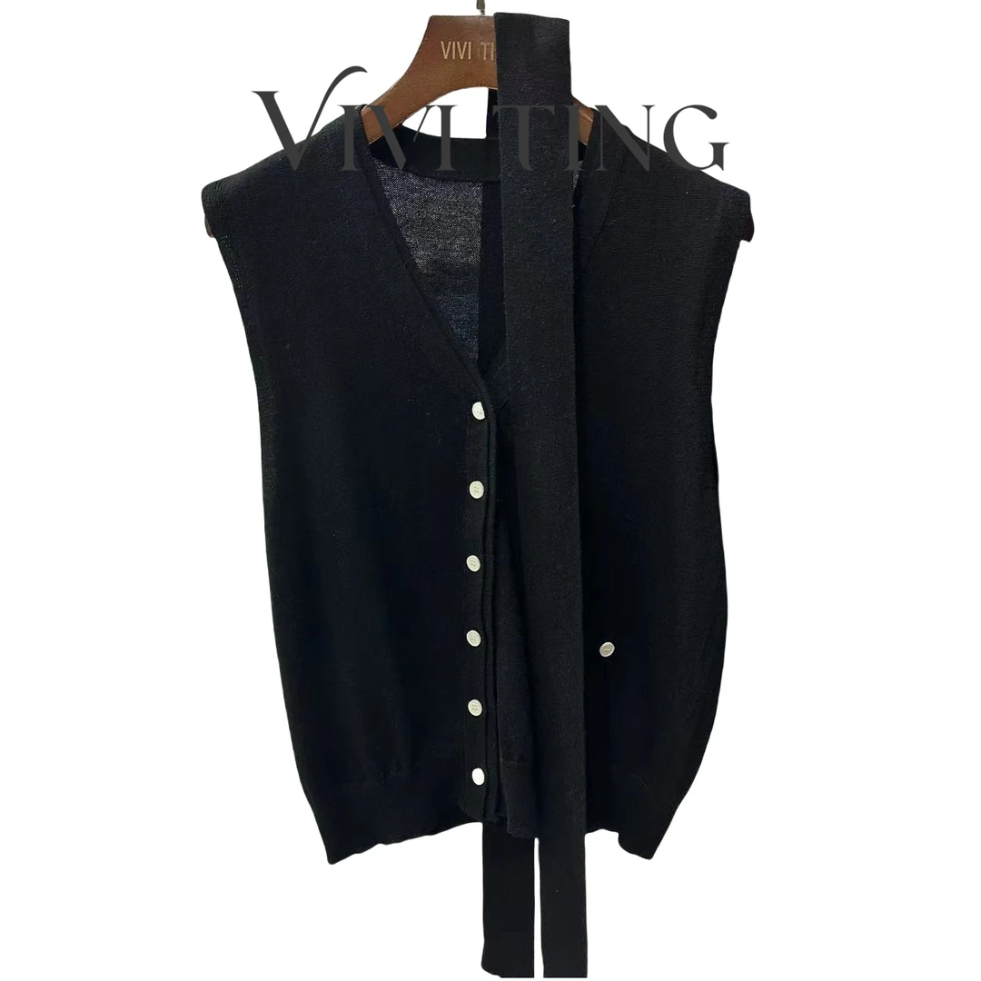 【VIVI·TING】婷姐推荐春秋飘带v领单排扣无袖百搭马甲S354